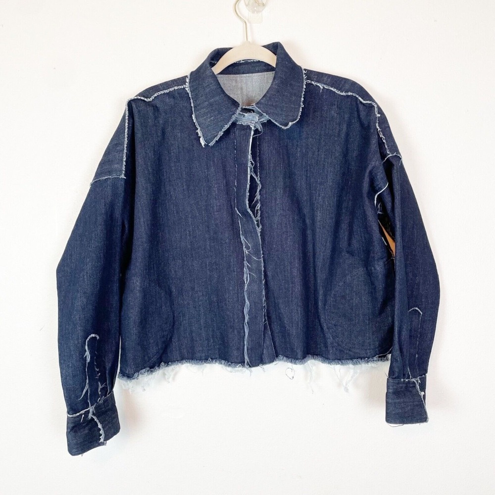 Norma Kamali Woman's S Frayed‎ Seam Jean Jacket Spring Cropped Collared